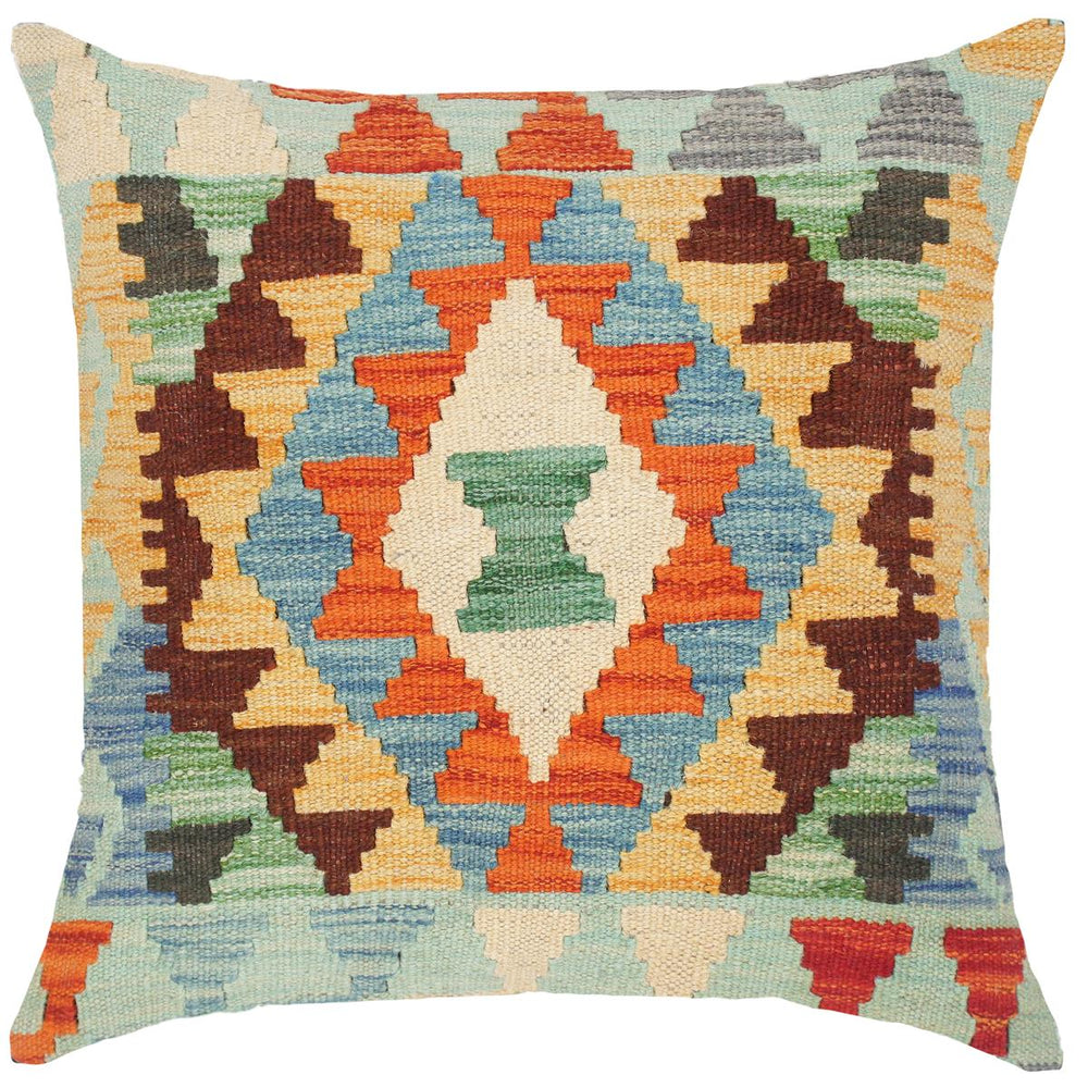 handmade Traditional Pillow Blue Gold Hand-Woven SQUARE 100% WOOL kilim throw pillow
