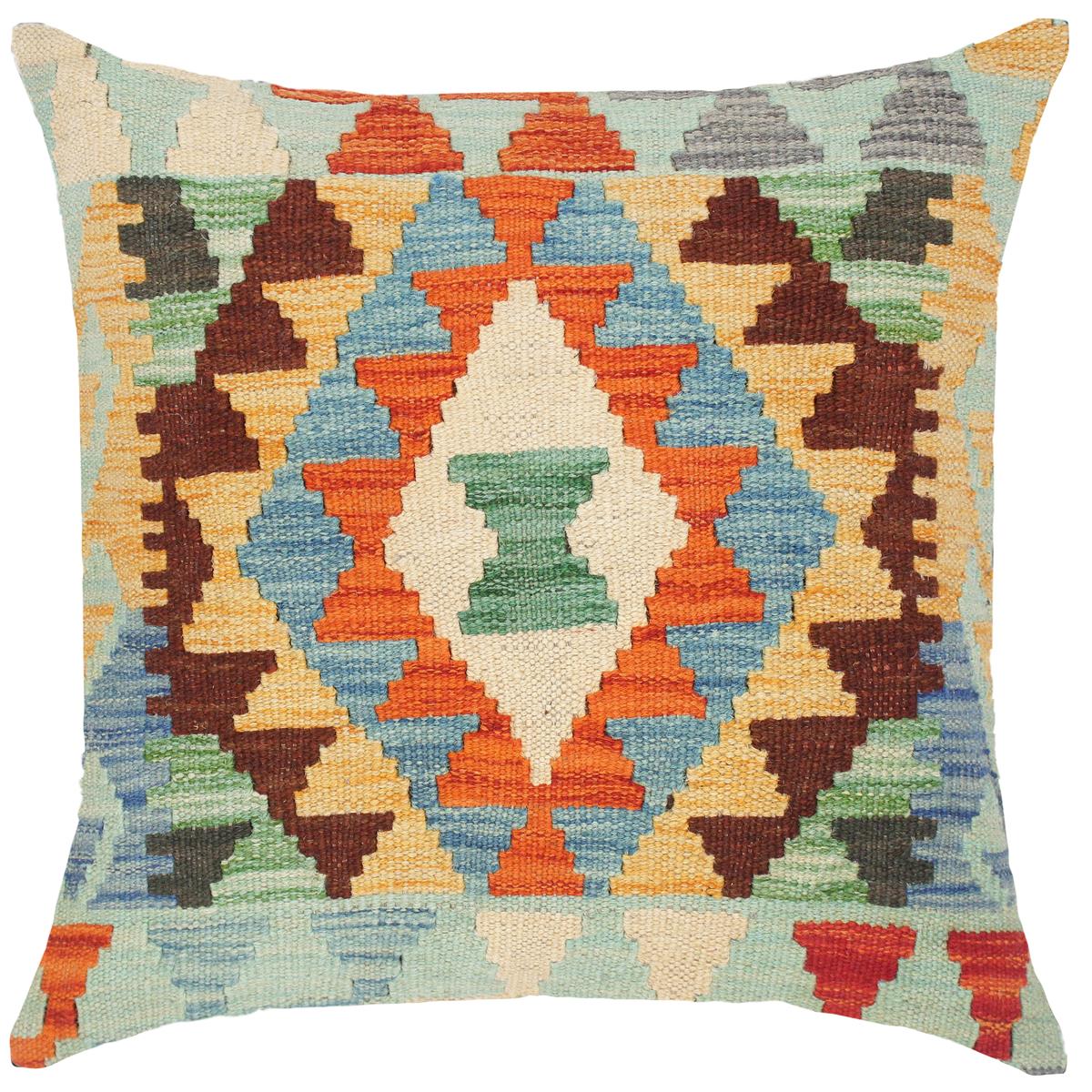 handmade Traditional Pillow Blue Gold Hand-Woven SQUARE 100% WOOL kilim throw pillow