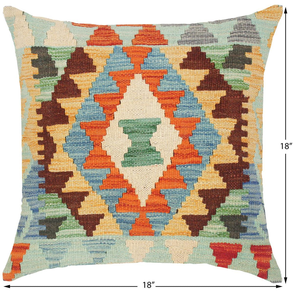 handmade Traditional Pillow Blue Gold Hand-Woven SQUARE 100% WOOL kilim throw pillow