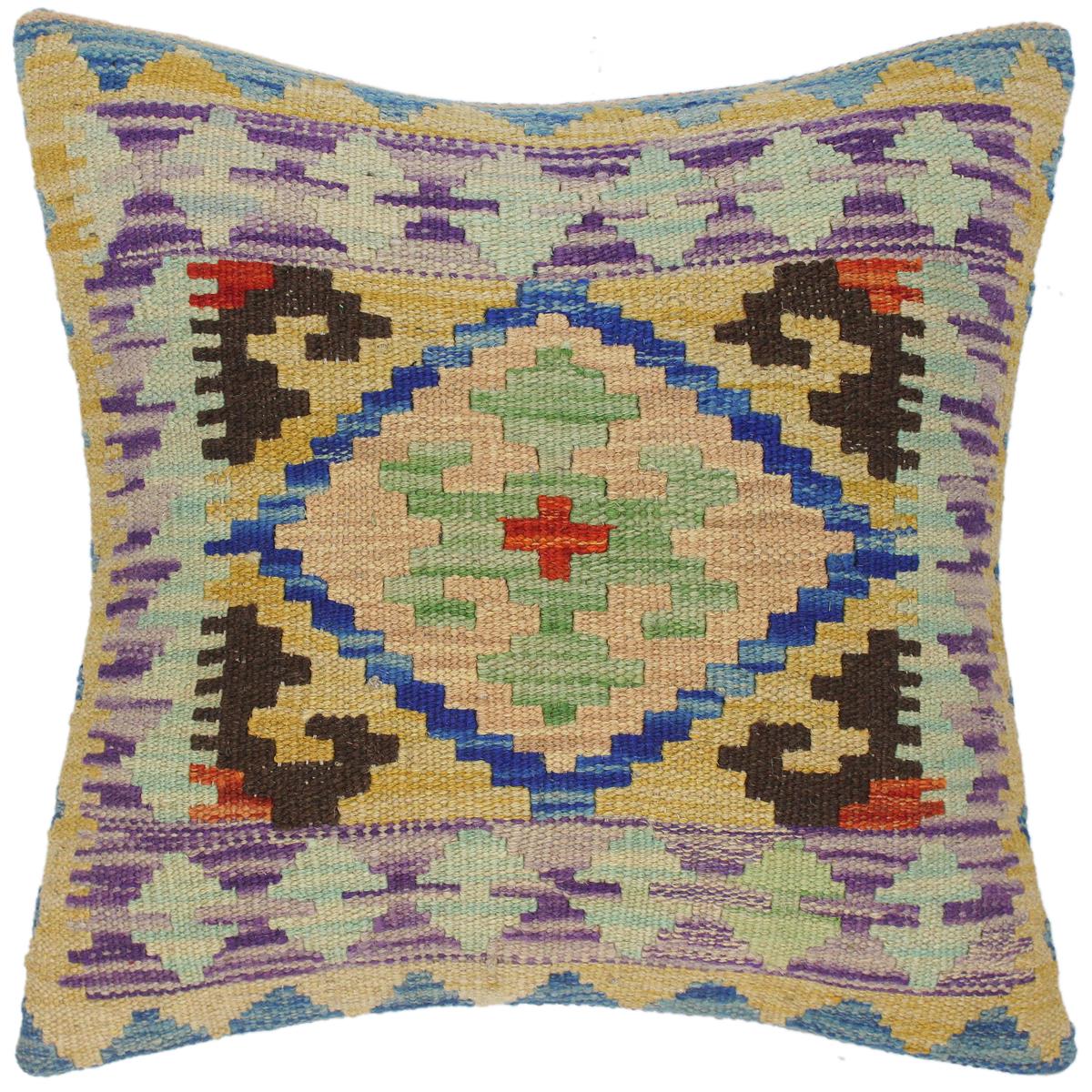 handmade Traditional Pillow Gold Blue Hand-Woven SQUARE 100% WOOL kilim throw pillow