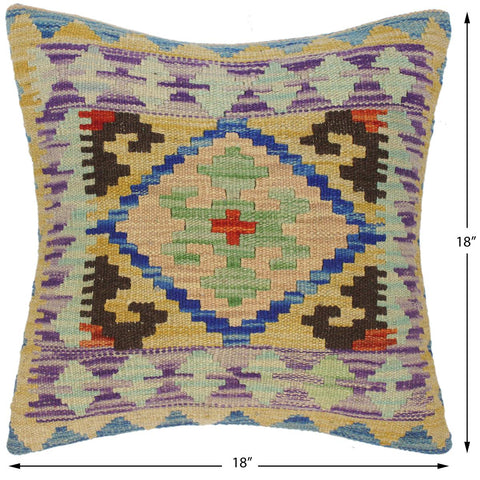 handmade Traditional Pillow Gold Blue Hand-Woven SQUARE 100% WOOL kilim throw pillow