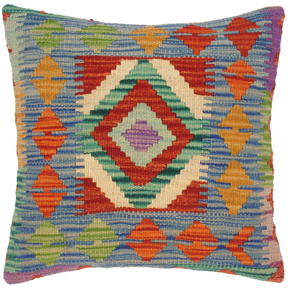 handmade Traditional Pillow Blue Gold Hand-Woven SQUARE 100% WOOL kilim throw pillow