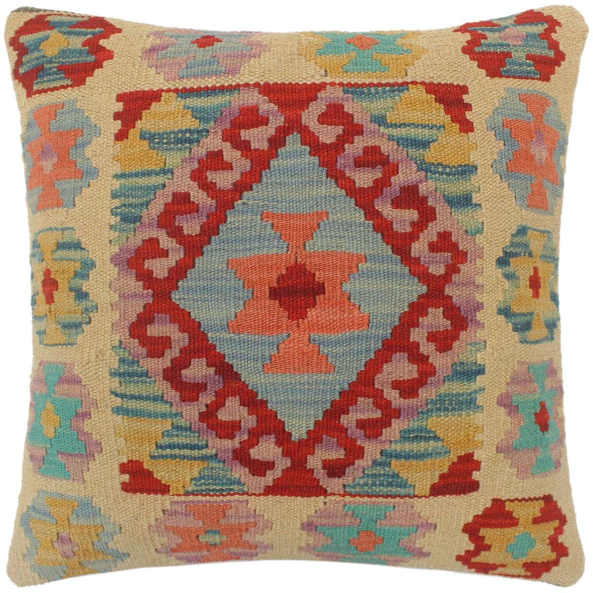 handmade Tribal Turkish Antique Beige Blue Hand-Woven SQUARE 100% WOOL pillow
