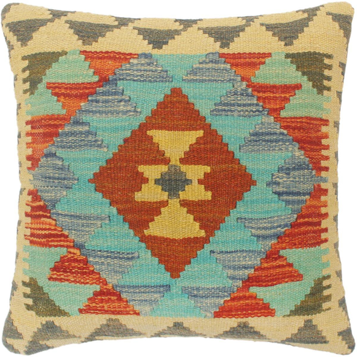 handmade Tribal Turkish Antique Rust Blue Hand-Woven SQUARE 100% WOOL pillow