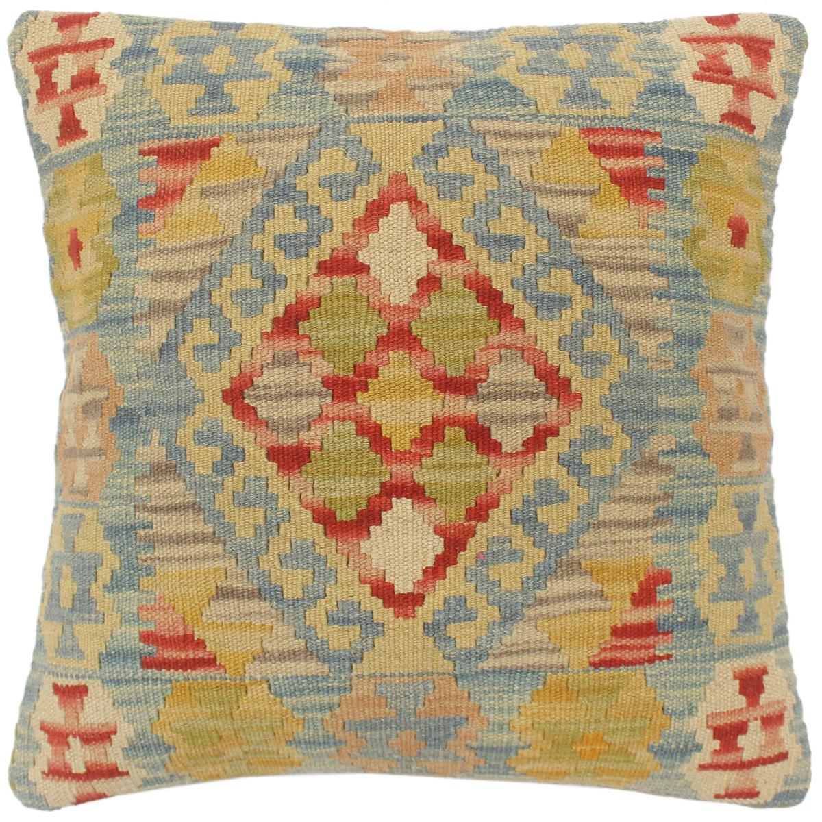 handmade Tribal Turkish Antique Blue Red Hand-Woven SQUARE 100% WOOL pillow
