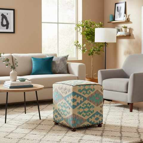 handmade  Ottoman Beige Black Hand-made SQUARE 100% WOOL 