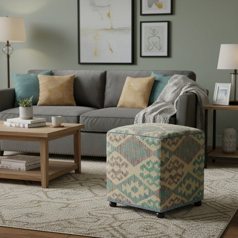handmade Traditional Ottoman Beige Blue Hand-made SQUARE handmade ottoman pouf
