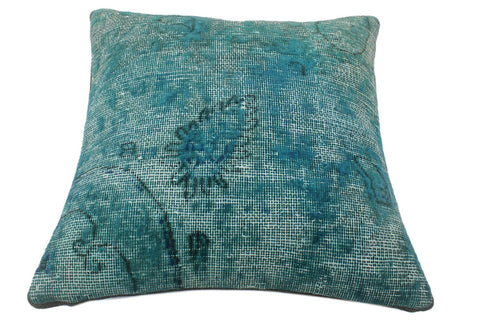 handmade Vintage Pillow Green Blue Hand-Woven SQUARE 100% WOOL Vintage Pillow