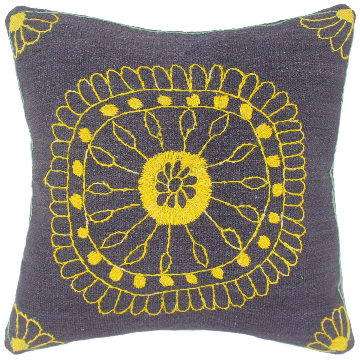 handmade  Pillow Blue Yellow Hand-Woven SQUARE 100% Wool Suzani Throw Pillow