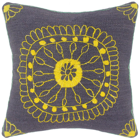 handmade  Pillow Blue Yellow Hand-Woven SQUARE 100% Wool Suzani Throw Pillow