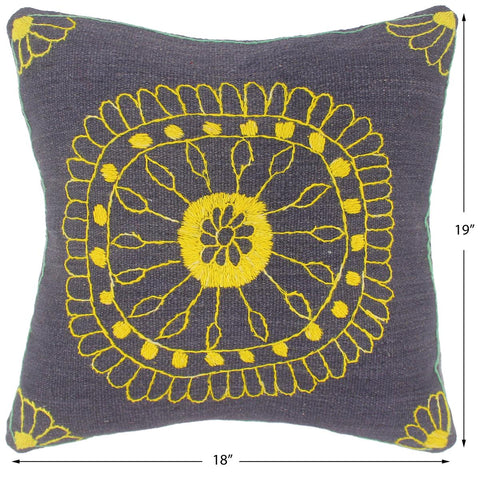 handmade  Pillow Blue Yellow Hand-Woven SQUARE 100% Wool Suzani Throw Pillow