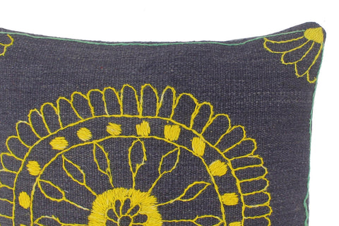 handmade  Pillow Blue Yellow Hand-Woven SQUARE 100% Wool Suzani Throw Pillow