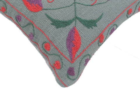 handmade  Pillow Gray Red Hand-Woven SQUARE 100% Wool Suzani Throw Pillow