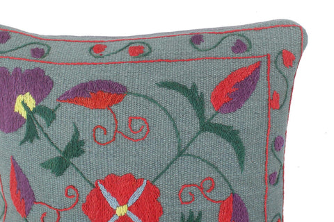 handmade  Pillow Gray Red Hand-Woven SQUARE 100% Wool Suzani Throw Pillow