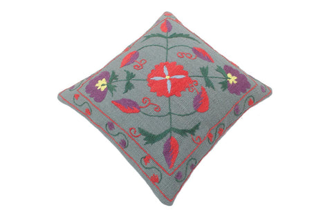 handmade  Pillow Gray Red Hand-Woven SQUARE 100% Wool Suzani Throw Pillow