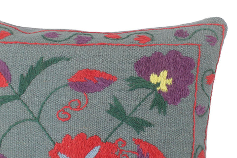 handmade  Pillow Gray Red Hand-Woven SQUARE 100% Wool Suzani Throw Pillow