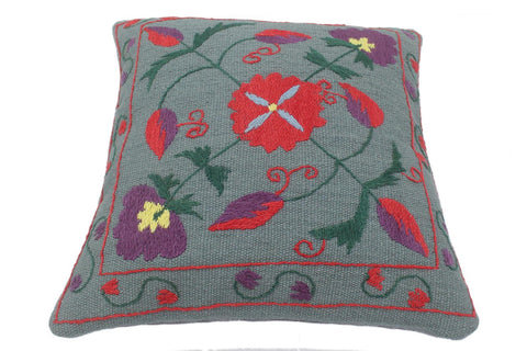 handmade  Pillow Gray Red Hand-Woven SQUARE 100% Wool Suzani Throw Pillow