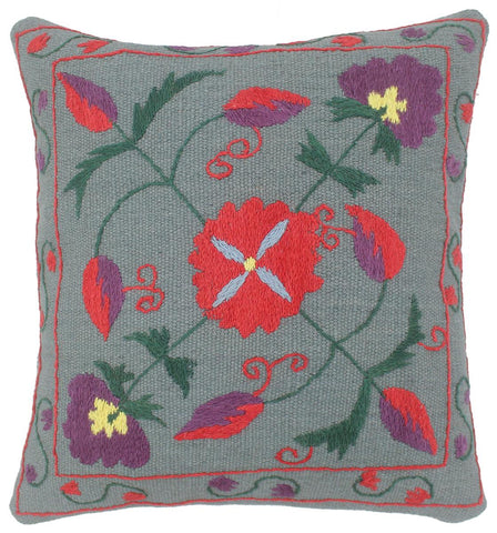 handmade  Pillow Gray Red Hand-Woven SQUARE 100% Wool Suzani Throw Pillow