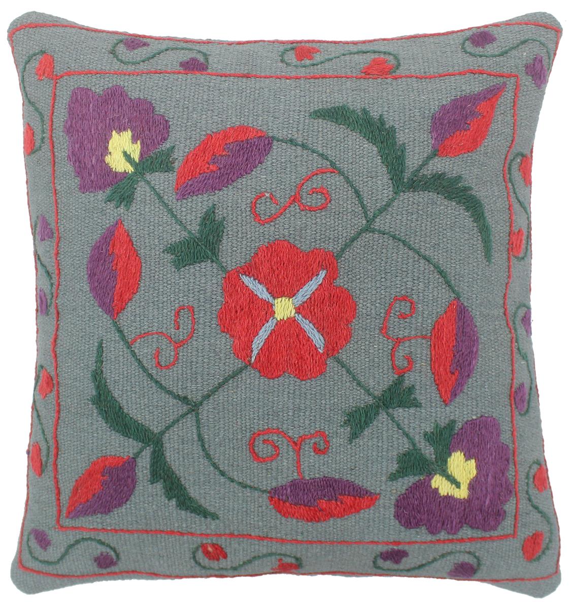 handmade  Pillow Gray Red Hand-Woven SQUARE 100% Wool Suzani Throw Pillow