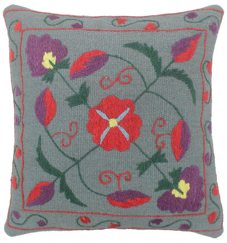 handmade  Pillow Gray Red Hand-Woven SQUARE 100% Wool Suzani Throw Pillow