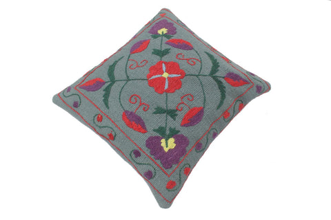 handmade  Pillow Gray Red Hand-Woven SQUARE 100% Wool Suzani Throw Pillow