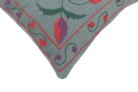handmade  Pillow Gray Red Hand-Woven SQUARE 100% Wool Suzani Throw Pillow