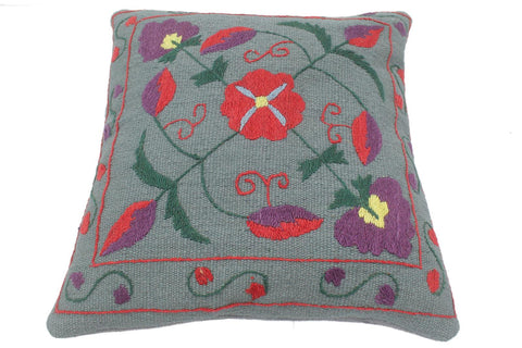 handmade  Pillow Gray Red Hand-Woven SQUARE 100% Wool Suzani Throw Pillow