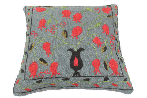 handmade  Pillow Gray Red Hand-Woven SQUARE 100% Wool Suzani Throw Pillow
