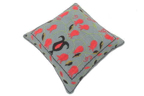 handmade  Pillow Gray Red Hand-Woven SQUARE 100% Wool Suzani Throw Pillow