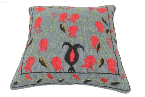 handmade  Pillow Gray Red Hand-Woven SQUARE 100% Wool Suzani Throw Pillow