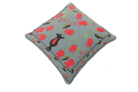 handmade  Pillow Gray Red Hand-Woven SQUARE 100% Wool Suzani Throw Pillow