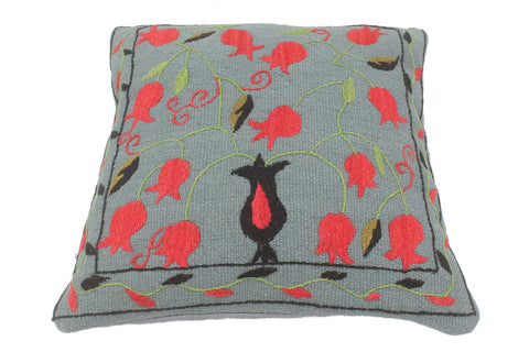 handmade  Pillow Gray Red Hand-Woven SQUARE 100% Wool Suzani Throw Pillow