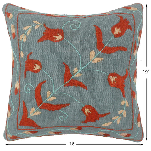 handmade  Pillow Blue Rust Hand-Woven SQUARE 100% Wool Suzani Throw Pillow