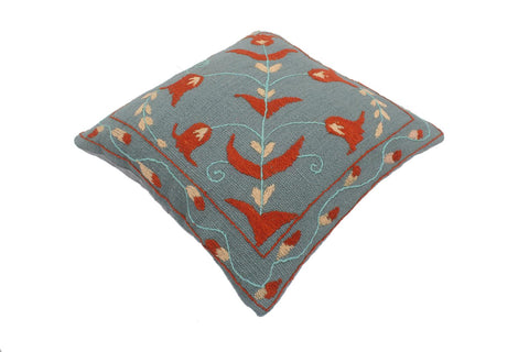 handmade  Pillow Blue Rust Hand-Woven SQUARE 100% Wool Suzani Throw Pillow