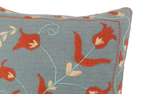 handmade  Pillow Blue Rust Hand-Woven SQUARE 100% Wool Suzani Throw Pillow