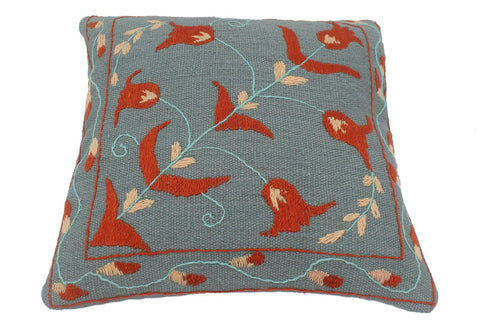 handmade  Pillow Blue Rust Hand-Woven SQUARE 100% Wool Suzani Throw Pillow