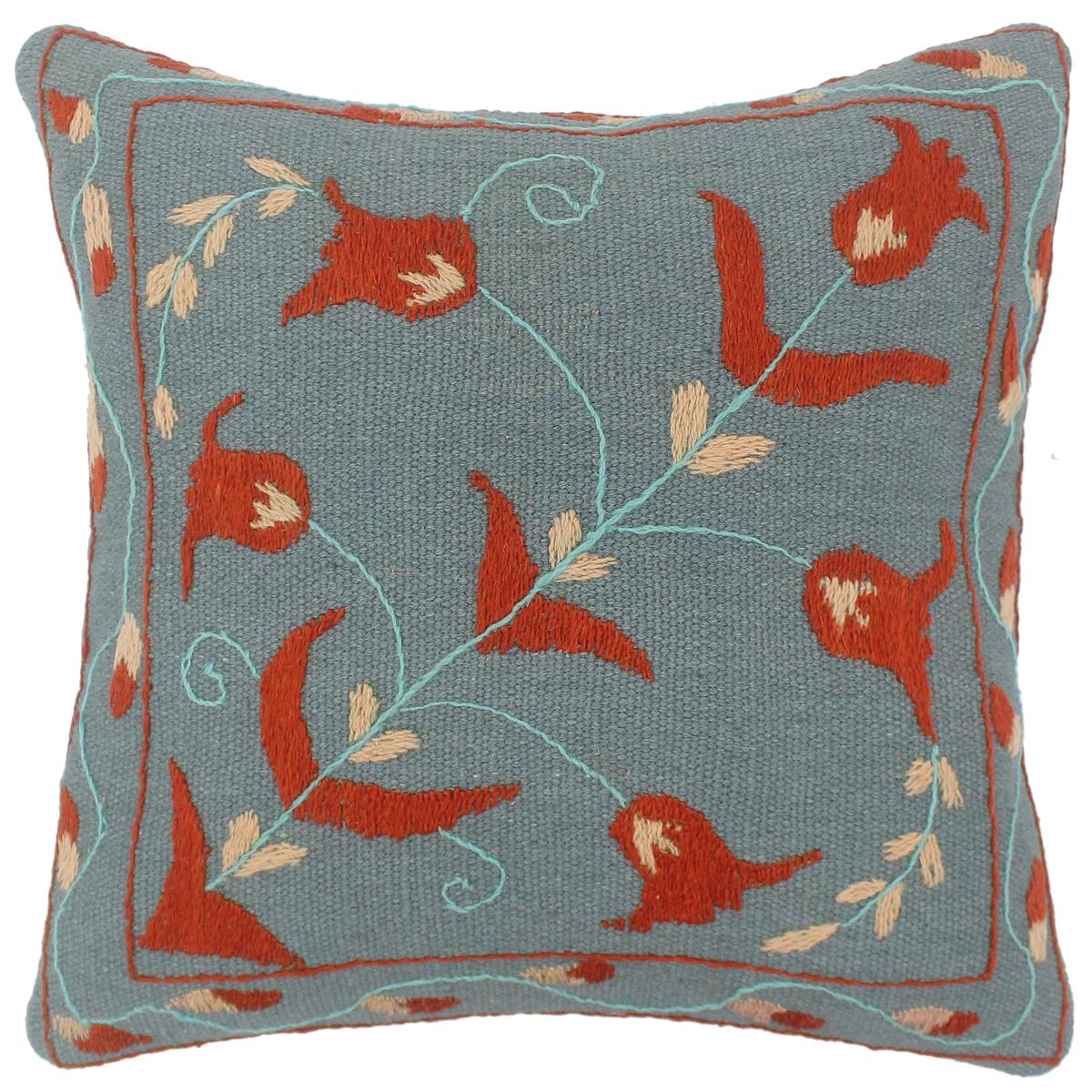 handmade  Pillow Blue Rust Hand-Woven SQUARE 100% Wool Suzani Throw Pillow