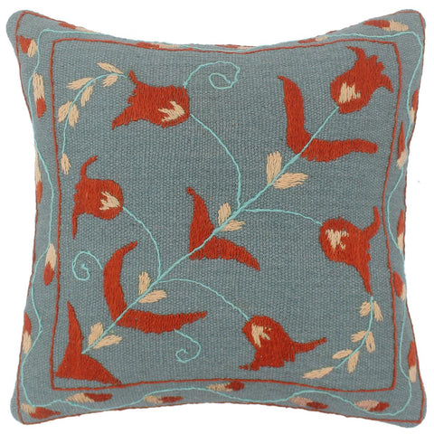 handmade  Pillow Blue Rust Hand-Woven SQUARE 100% Wool Suzani Throw Pillow