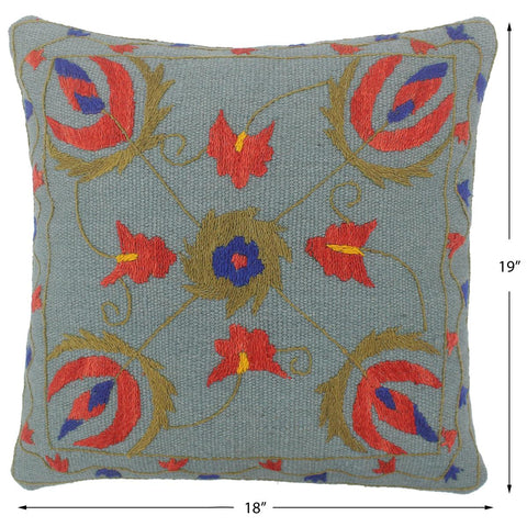 handmade  Pillow Blue Red Hand-Woven SQUARE 100% Wool Suzani Throw Pillow