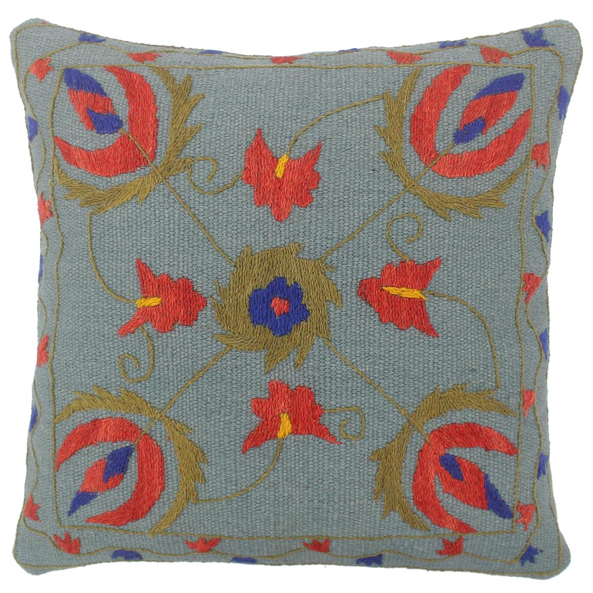 handmade  Pillow Blue Red Hand-Woven SQUARE 100% Wool Suzani Throw Pillow