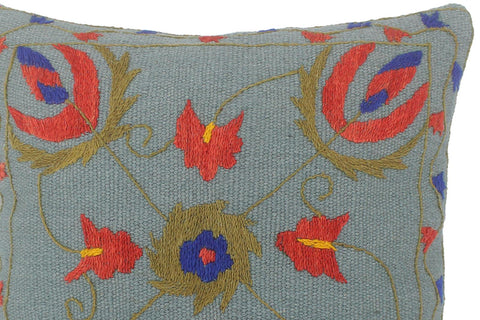 handmade  Pillow Blue Red Hand-Woven SQUARE 100% Wool Suzani Throw Pillow