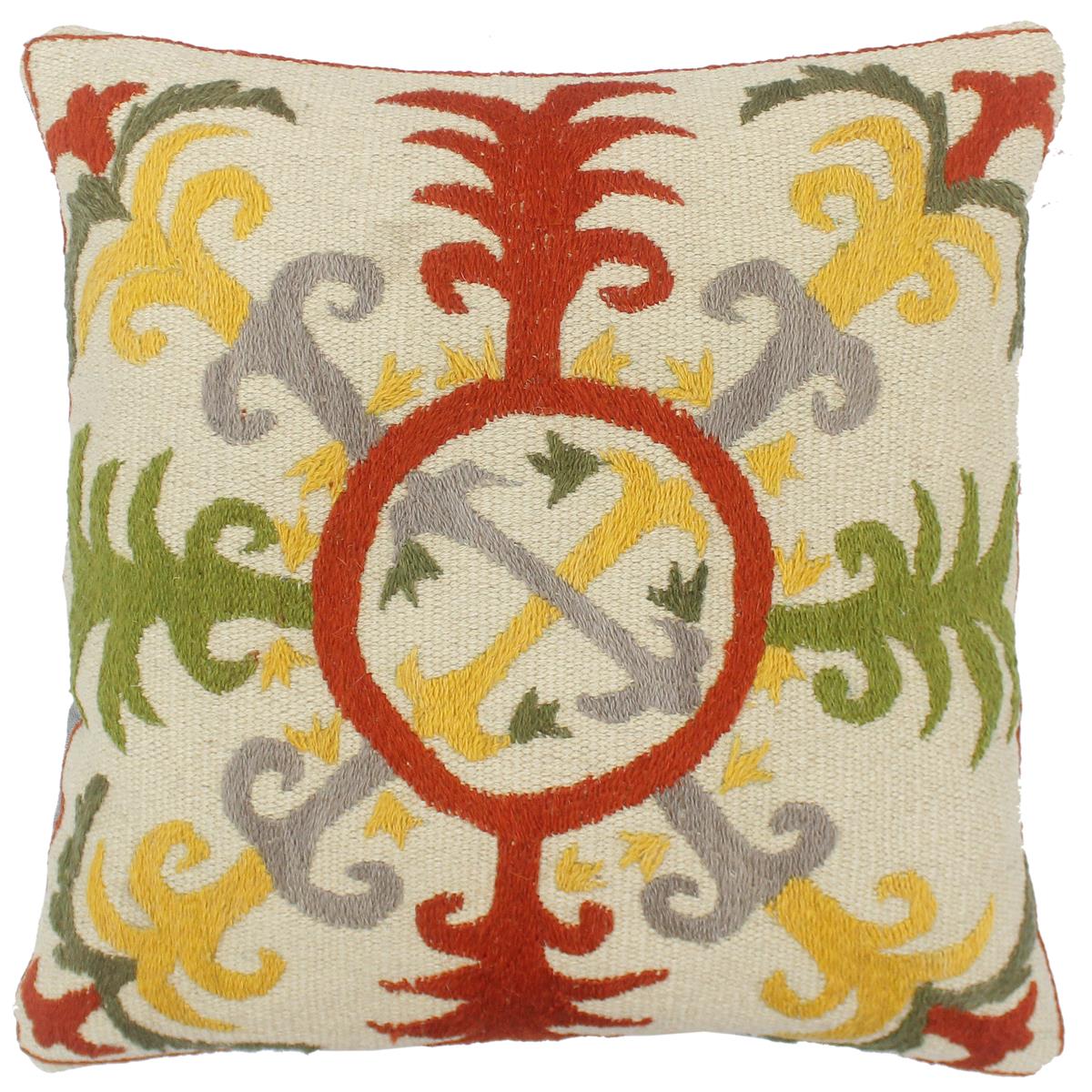 handmade  Pillow Beige Rust Hand-Woven SQUARE 100% Wool Suzani Throw Pillow