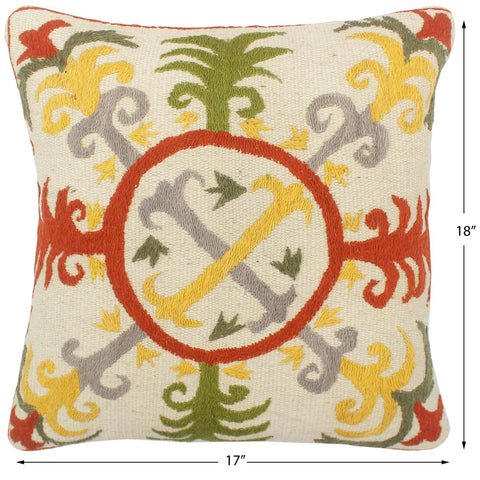 handmade  Pillow Beige Rust Hand-Woven SQUARE 100% Wool Suzani Throw Pillow