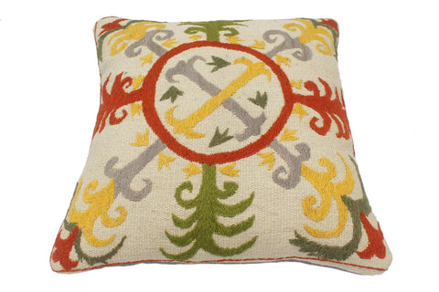 handmade  Pillow Beige Rust Hand-Woven SQUARE 100% Wool Suzani Throw Pillow