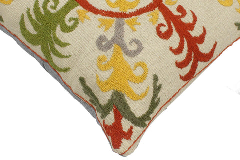 handmade  Pillow Beige Rust Hand-Woven SQUARE 100% Wool Suzani Throw Pillow