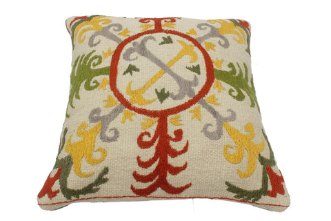 handmade  Pillow Beige Rust Hand-Woven SQUARE 100% Wool Suzani Throw Pillow