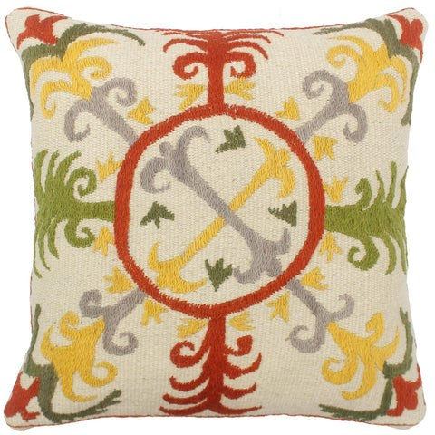 handmade  Pillow Beige Rust Hand-Woven SQUARE 100% Wool Suzani Throw Pillow