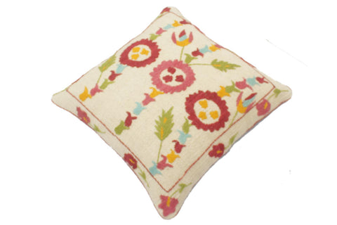 handmade  Pillow Beige Blue Hand-Woven SQUARE 100% Wool Suzani Throw Pillow