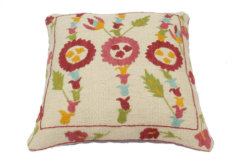 handmade  Pillow Beige Blue Hand-Woven SQUARE 100% Wool Suzani Throw Pillow