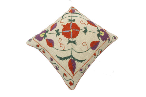 handmade  Pillow Beige Rust Hand-Woven SQUARE 100% Wool Suzani Throw Pillow